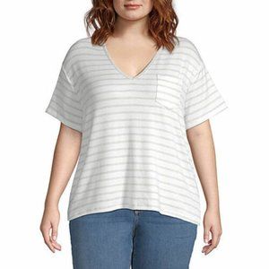 A.N.A. White Desert Sage Striped Short Sleeve V-Neck Knit Top 1X Woman NWT